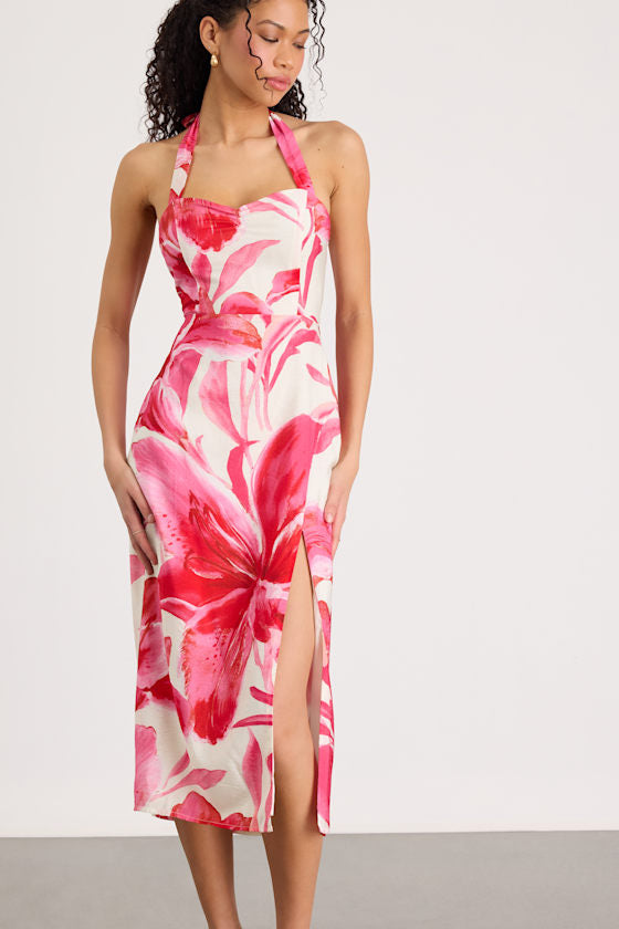 Leilanna Hot Pink Multi Floral Print Halter Midi Dress