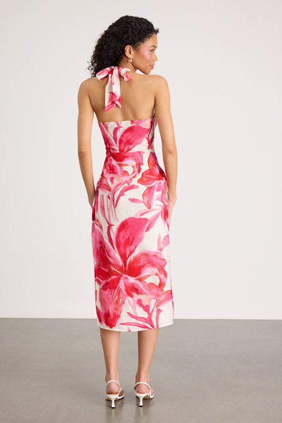 Leilanna Hot Pink Multi Floral Print Halter Midi Dress