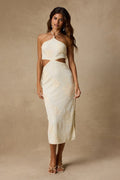 Larissa Cream Embroidered Halter Crochet Midi Dress
