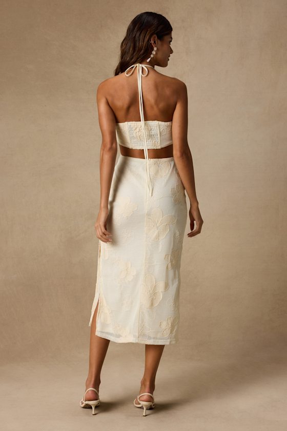 Larissa Cream Embroidered Halter Crochet Midi Dress