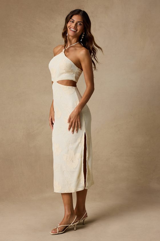 Larissa Cream Embroidered Halter Crochet Midi Dress
