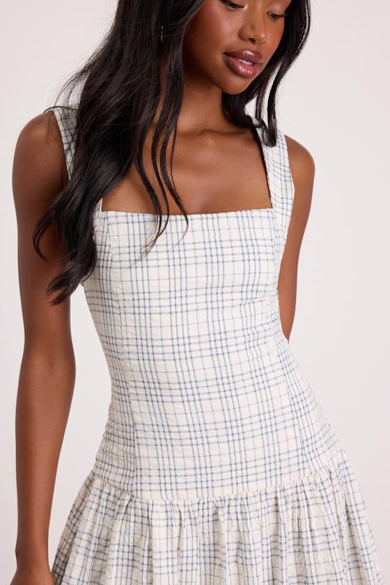 Matilda White Plaid Drop Waist Midi Dress