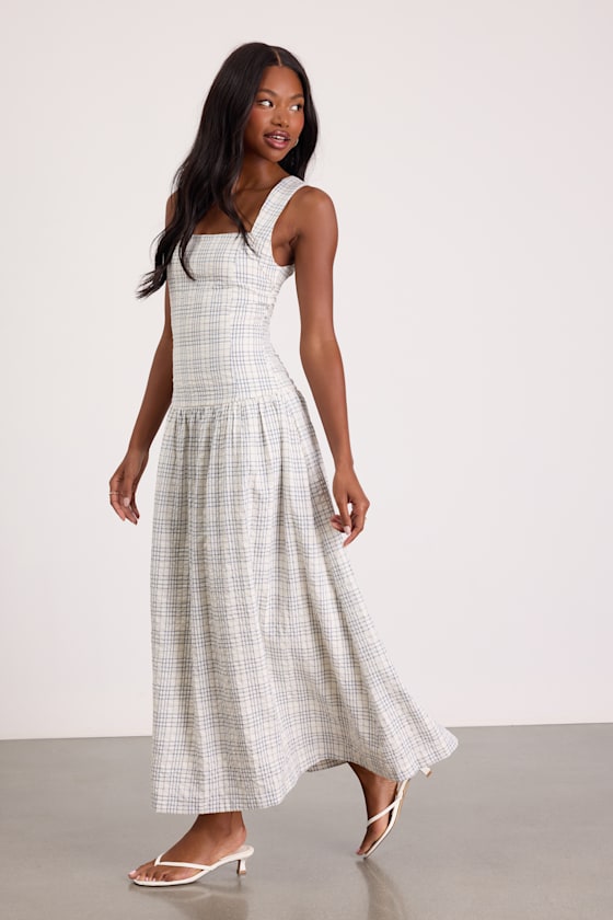 Matilda White Plaid Drop Waist Midi Dress
