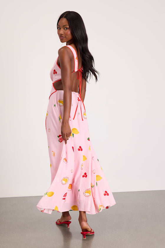 Nabina Light Pink Multi Print Tie-Front Maxi Dress