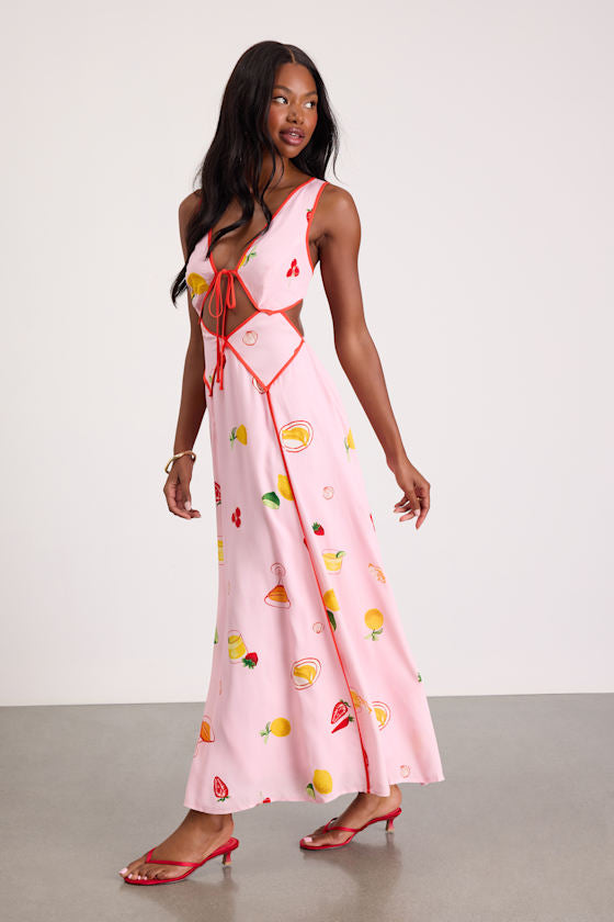 Nabina Light Pink Multi Print Tie-Front Maxi Dress