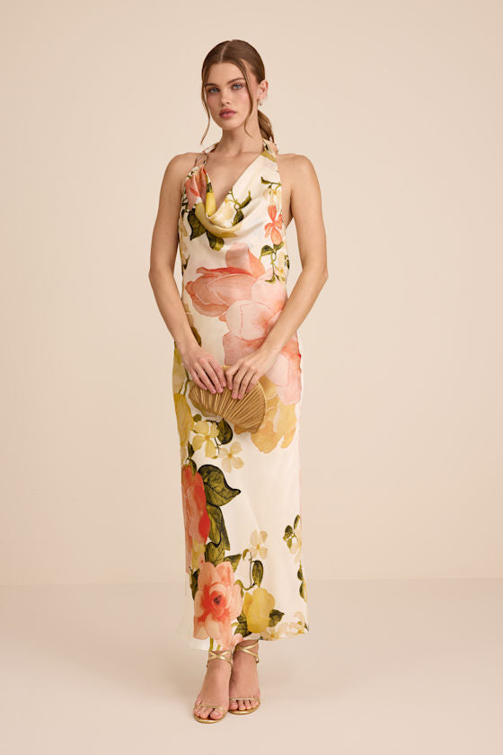 Diane White Multi Floral Cowl Maxi Dress