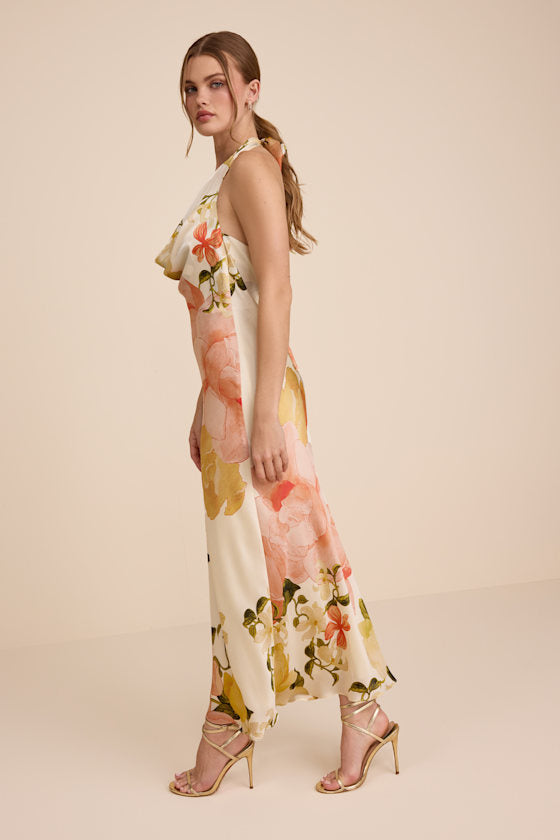 Diane White Multi Floral Cowl Maxi Dress
