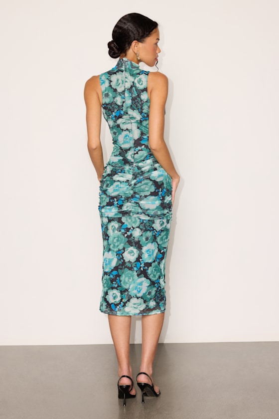 Prettiest Energy Black and Teal Floral Mesh Midi Dress