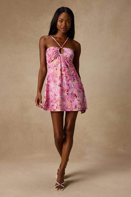 Apolline Pink Multi Floral Halter Mini Dress