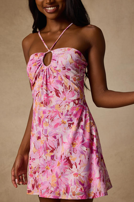 Apolline Pink Multi Floral Halter Mini Dress