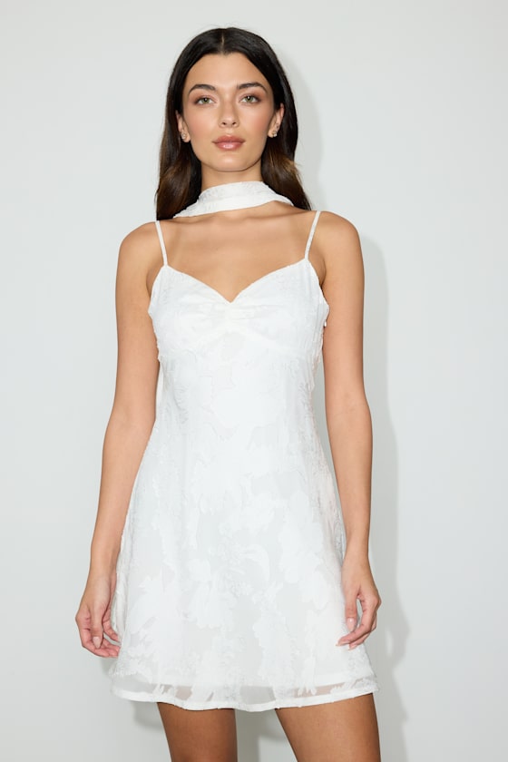 Aydah White Floral Burnout Slip Mini Dress and Scarf Set