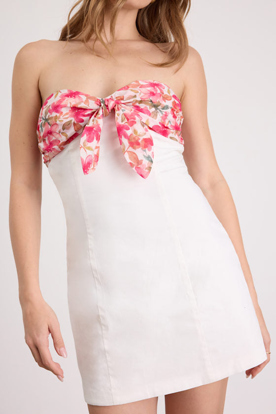 Callie White and Pink Floral Tie-Front Mini Dress