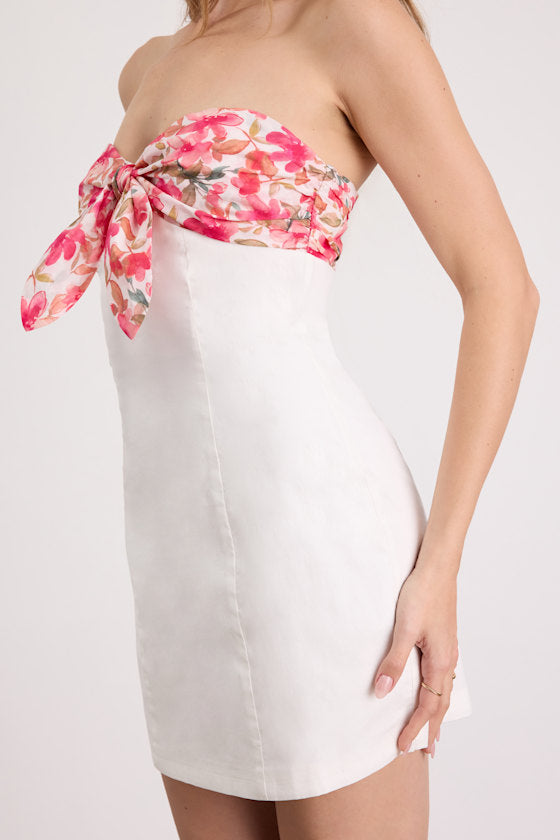 Callie White and Pink Floral Tie-Front Mini Dress