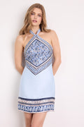 Ayson Light Blue Scarf Print Halter Mini Dress