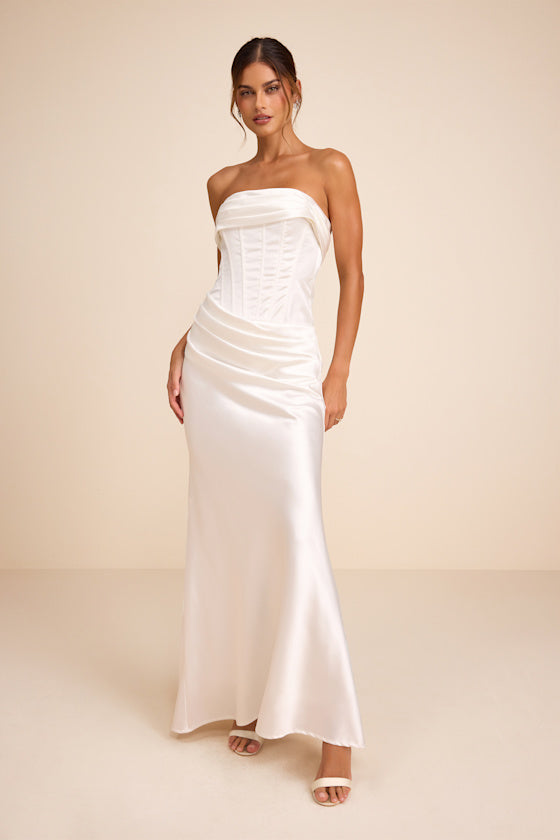 Dawn White Satin Strapless Column Maxi Dress