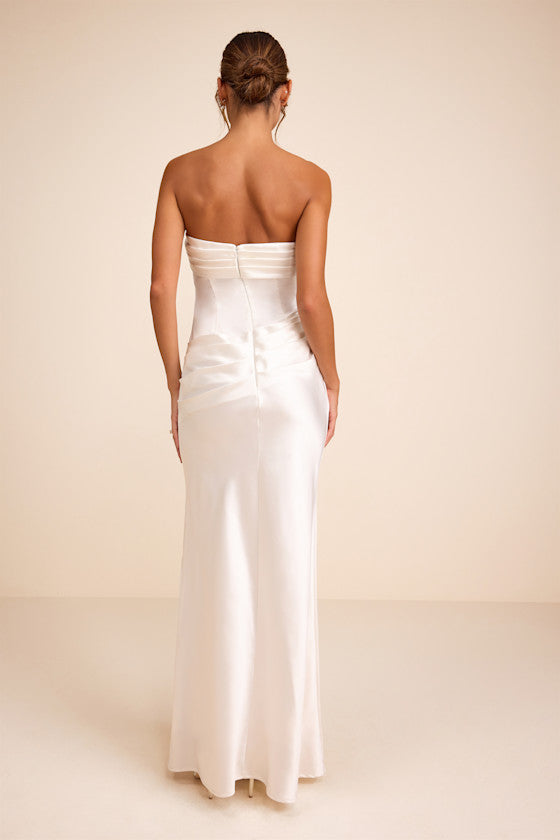 Dawn White Satin Strapless Column Maxi Dress