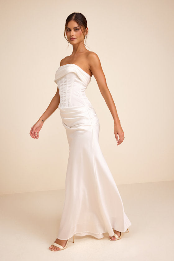 Dawn White Satin Strapless Column Maxi Dress