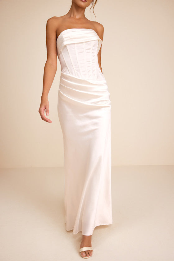 Dawn White Satin Strapless Column Maxi Dress