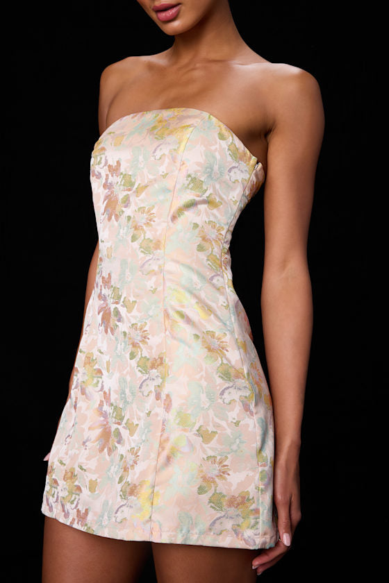 Lonna Blush Multi Floral Jacquard Lace-Up Mini Dress