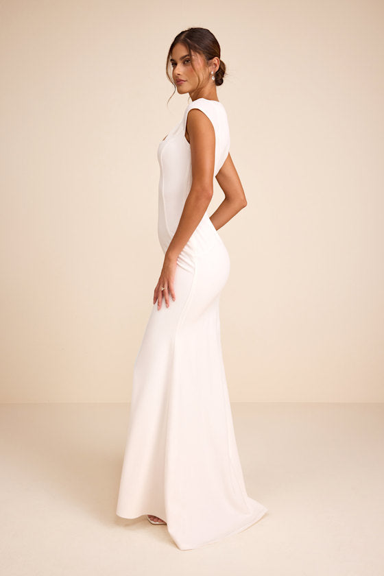 Alena White Cap Sleeve Mermaid Maxi Dress