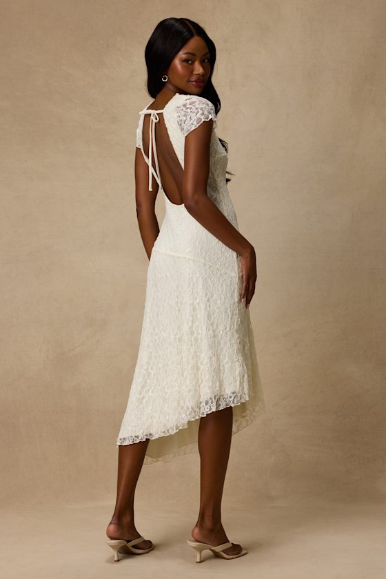 Madelina Ivory Lace Asymmetrical Midi Dress