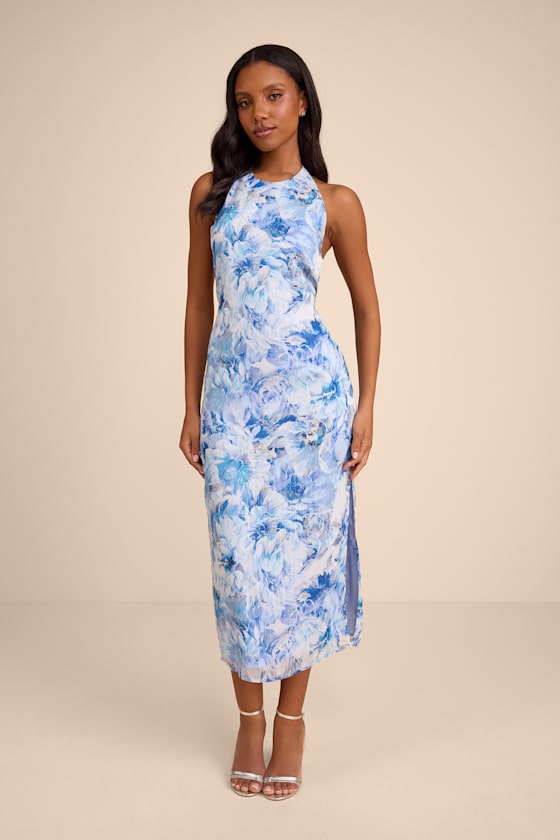 Neiva Blue and White Floral Backless Midi Dress