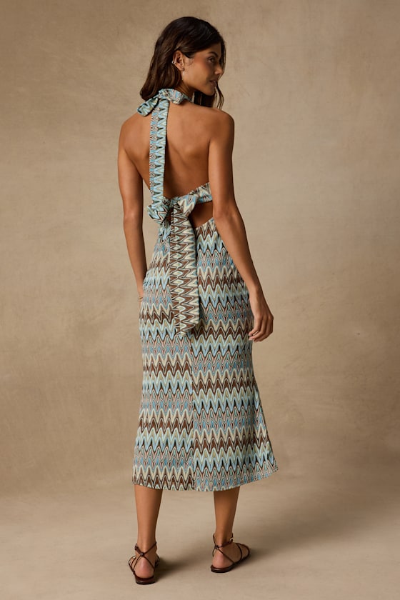 Majesty Turquoise and Brown Crochet Halter Midi Dress