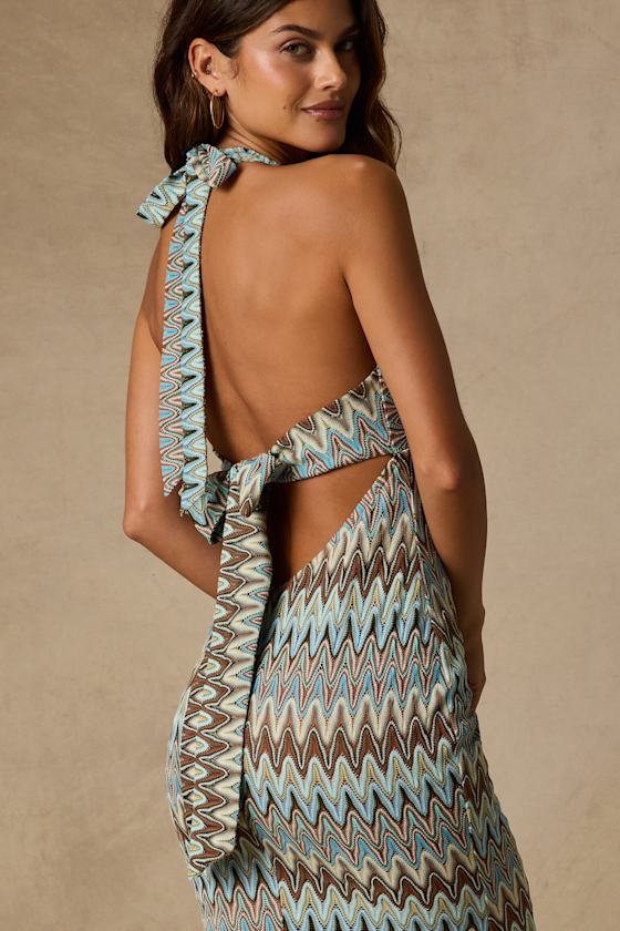 Majesty Turquoise and Brown Crochet Halter Midi Dress