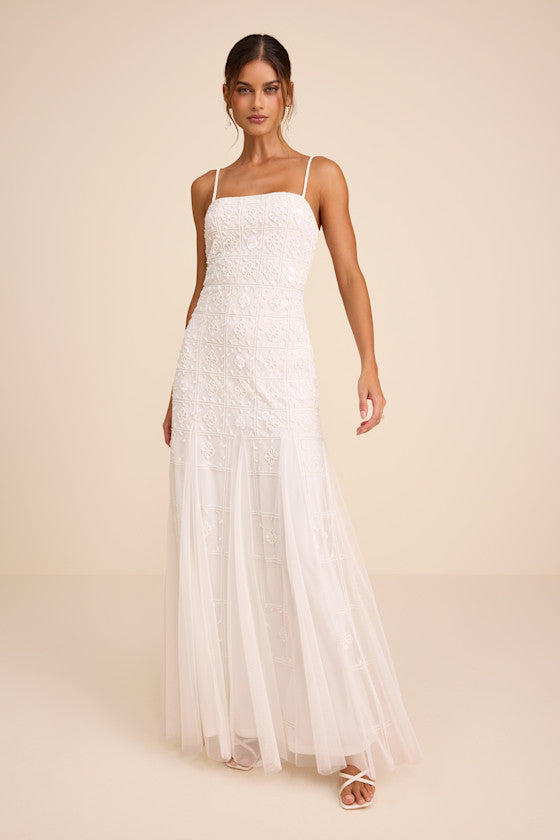 Liliane White Beaded Sleeveless Maxi Dress