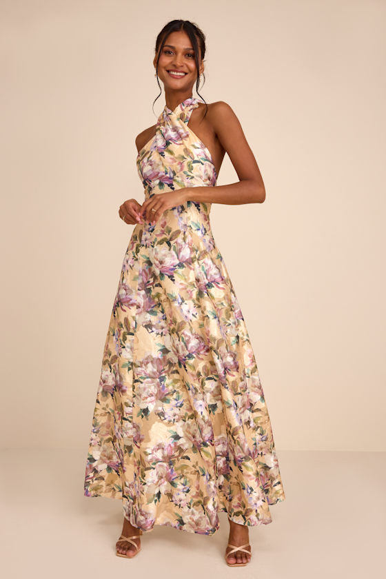 Samana Light Yellow Multi Floral Cross-Front Maxi Dress