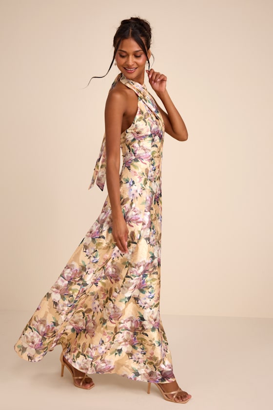 Samana Light Yellow Multi Floral Cross-Front Maxi Dress