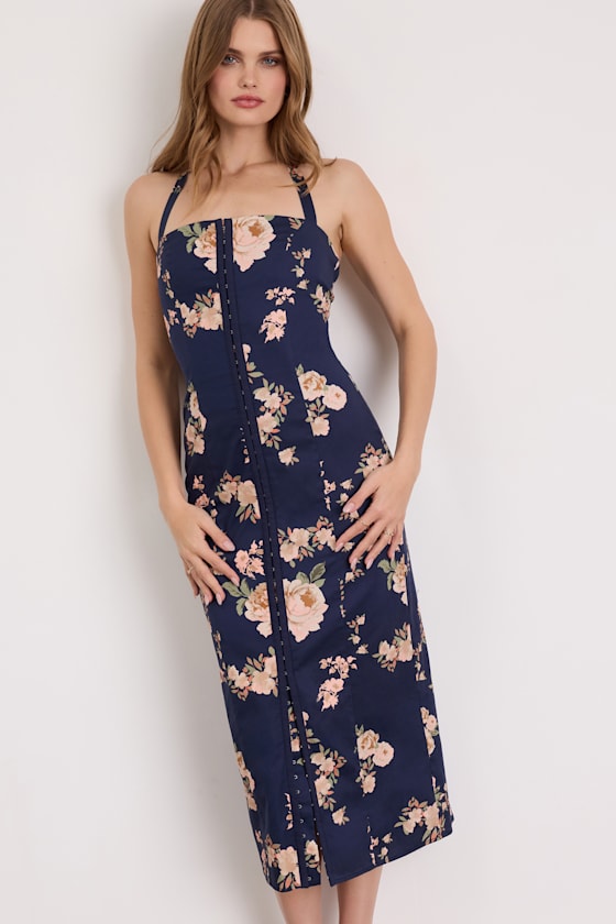 Arrosa Navy Floral Halter Midi Dress