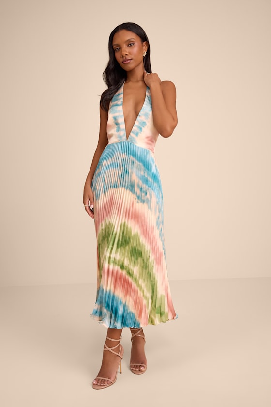 Rhoda Blush Multi Tie-Dye Satin Halter Midi Dress