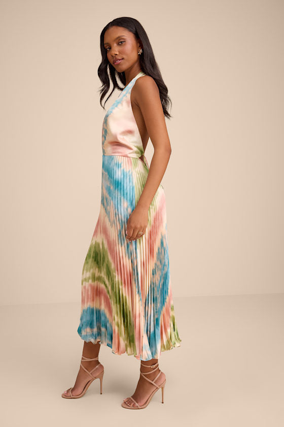 Rhoda Blush Multi Tie-Dye Satin Halter Midi Dress