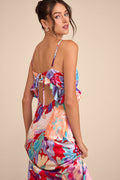 Augustina Red Multi Floral Satin Ruffled Midi Dress