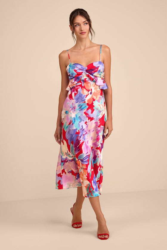 Augustina Red Multi Floral Satin Ruffled Midi Dress