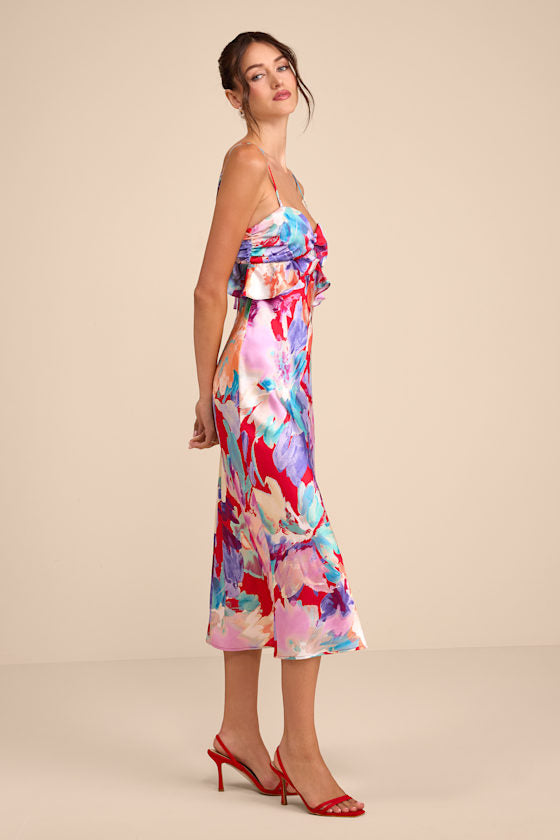 Augustina Red Multi Floral Satin Ruffled Midi Dress