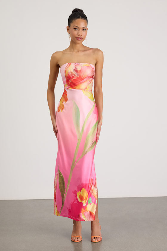 Anahi Pink Multi Floral Satin Strapless Maxi Dress