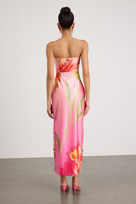 Anahi Pink Multi Floral Satin Strapless Maxi Dress
