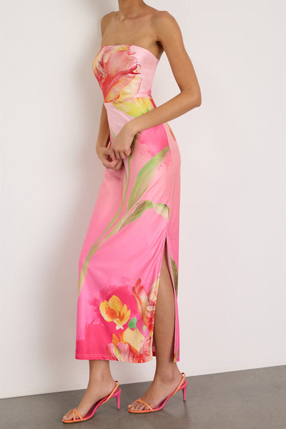 Anahi Pink Multi Floral Satin Strapless Maxi Dress
