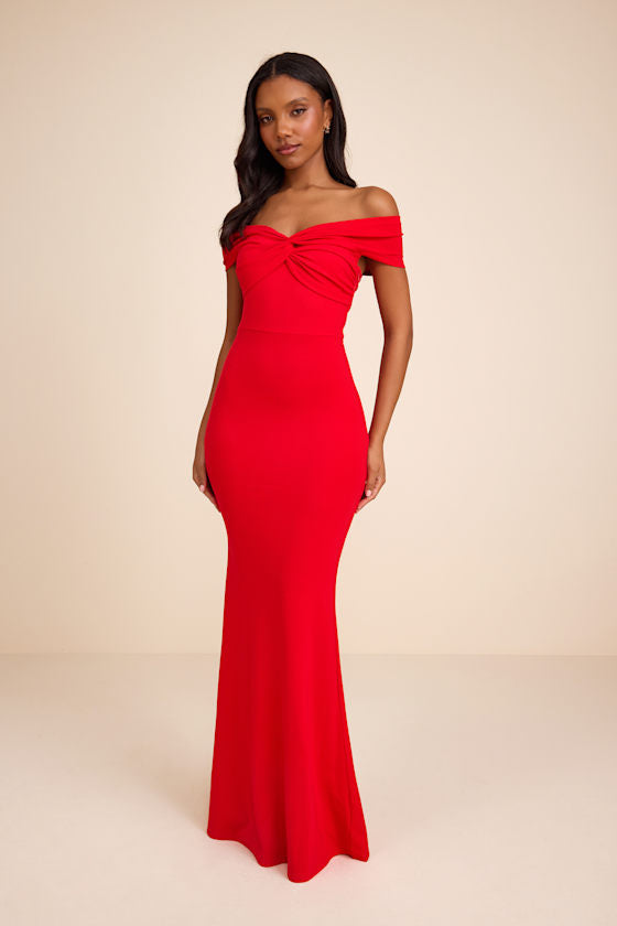 Katerina Red Twist-Front Off-The-Shoulder Maxi Dress