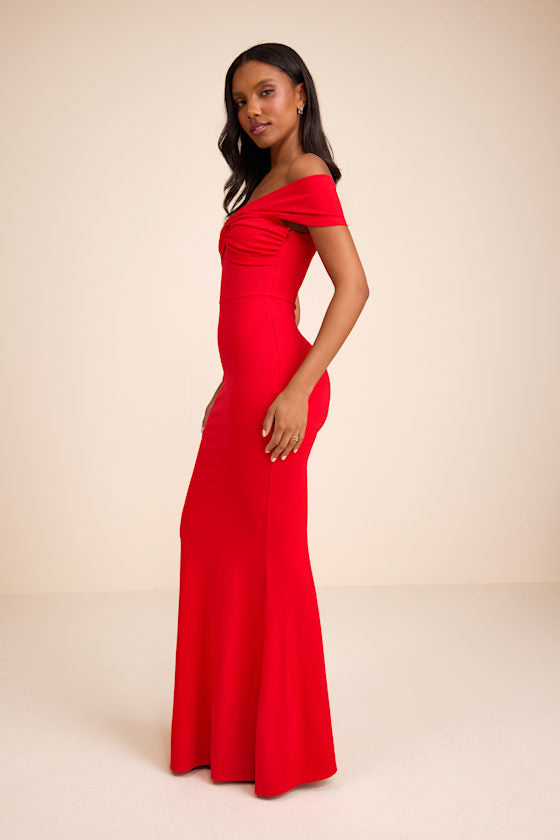 Katerina Red Twist-Front Off-The-Shoulder Maxi Dress