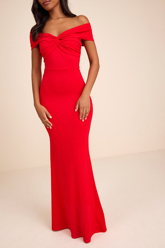 Katerina Red Twist-Front Off-The-Shoulder Maxi Dress
