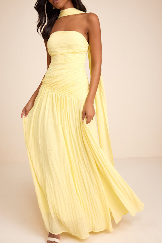 Nellie Light Yellow Pleated Maxi Dress and Scarf Set