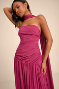 Nellie Berry Pink Pleated Maxi Dress and Scarf Set