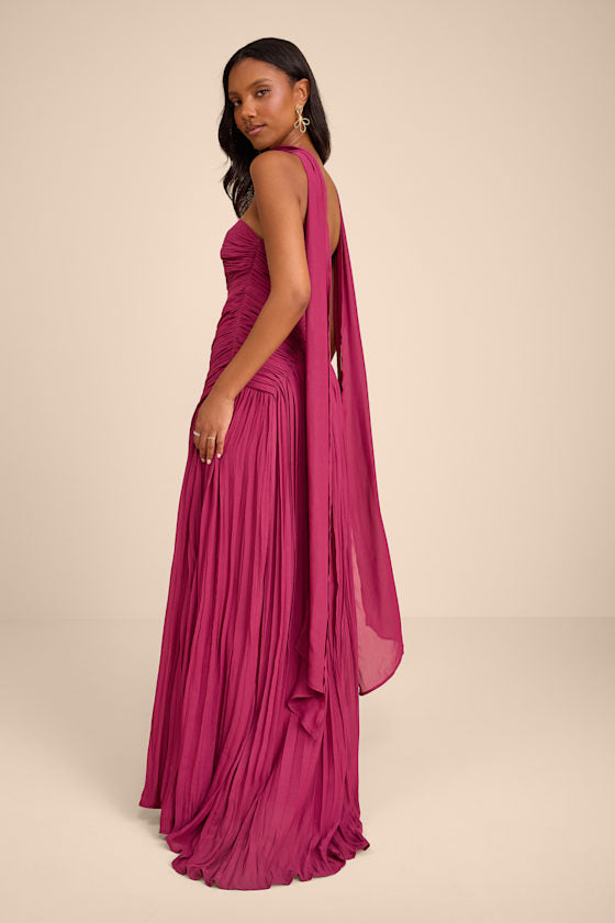 Nellie Berry Pink Pleated Maxi Dress and Scarf Set