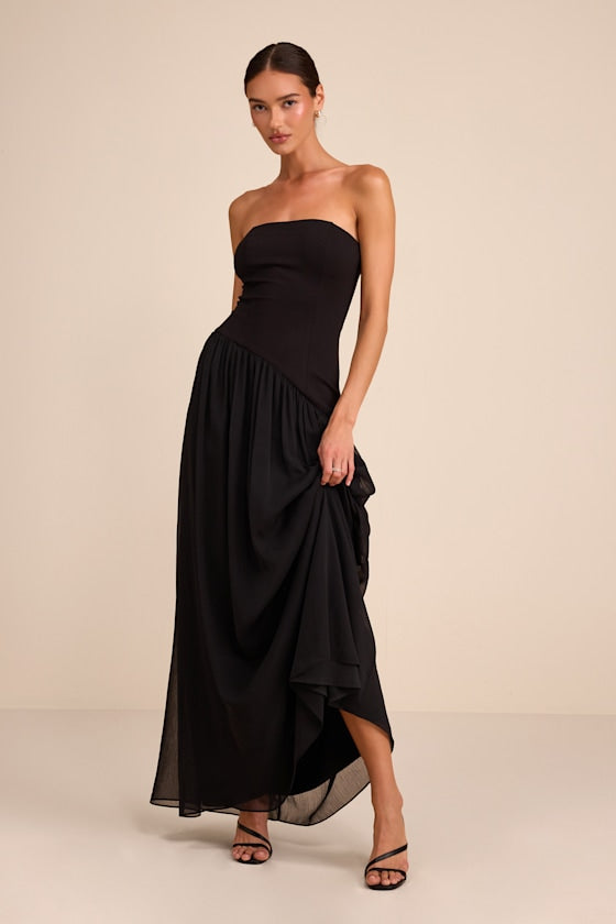 Beth Black Strapless Drop Waist Maxi Dress