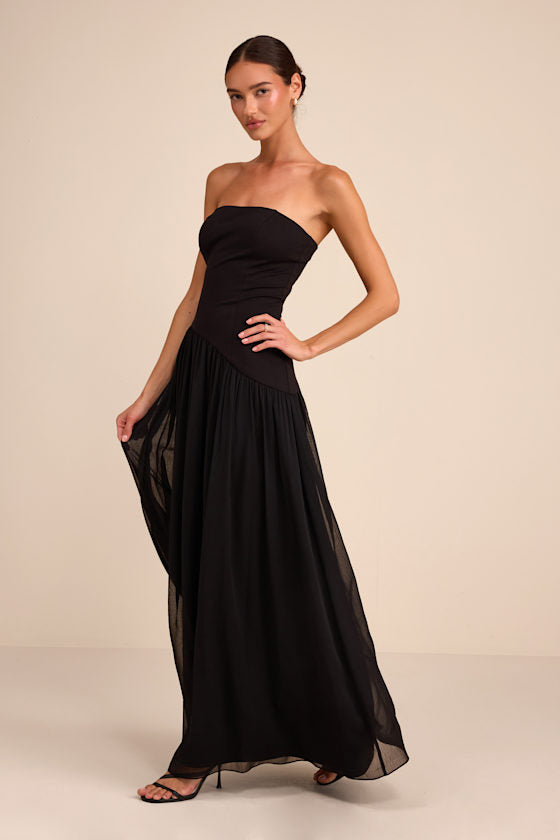 Beth Black Strapless Drop Waist Maxi Dress