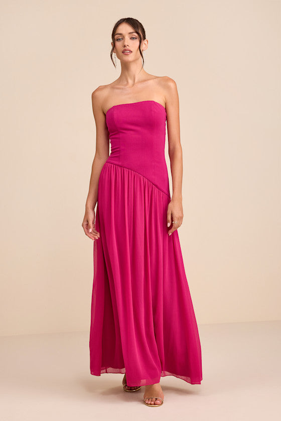 Beth Berry Pink Strapless Drop Waist Maxi Dress