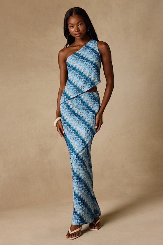Fiala Blue Multi Crochet Chevron Mermaid Maxi Skirt